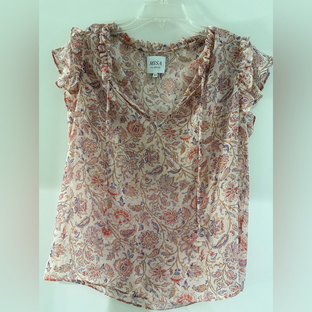 MISA Los Angeles Cream Floral Ruffle Tie-Neck Blouse